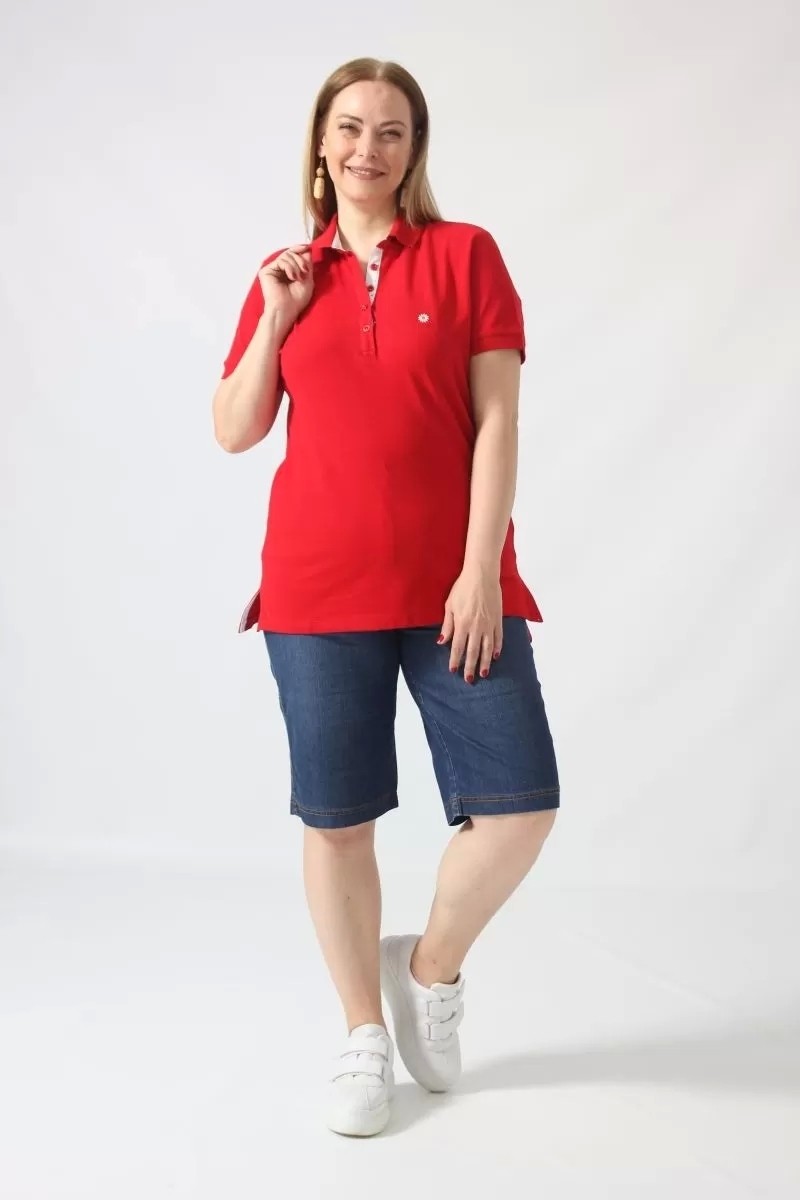 Moda Berray 21305 Kısa Kollu Büyük Beden Lakost Kumas T-Shirt Kırmızı görsel 5