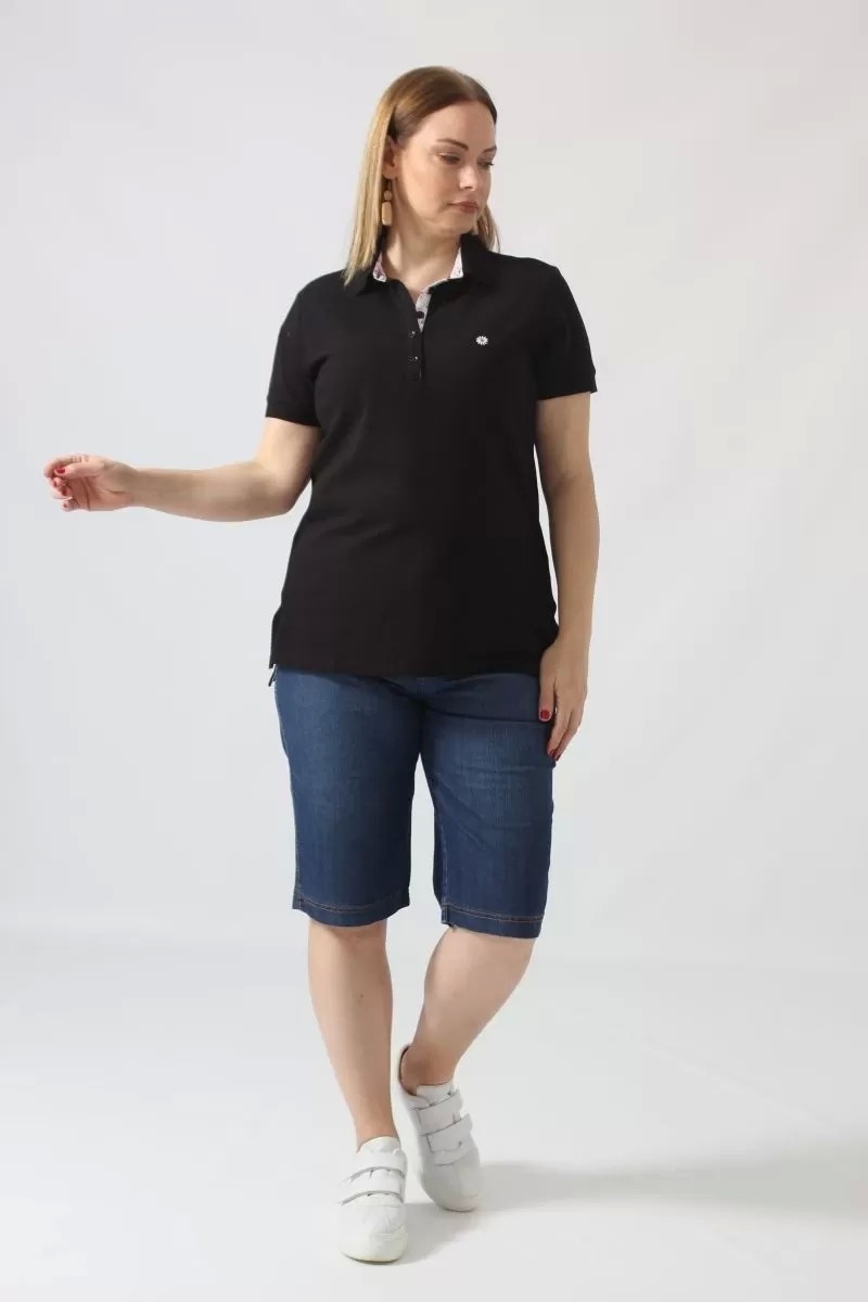 Moda Berray 21305 Kısa Kollu Büyük Beden Lakost Kumas T-Shirt Siyah görsel 3