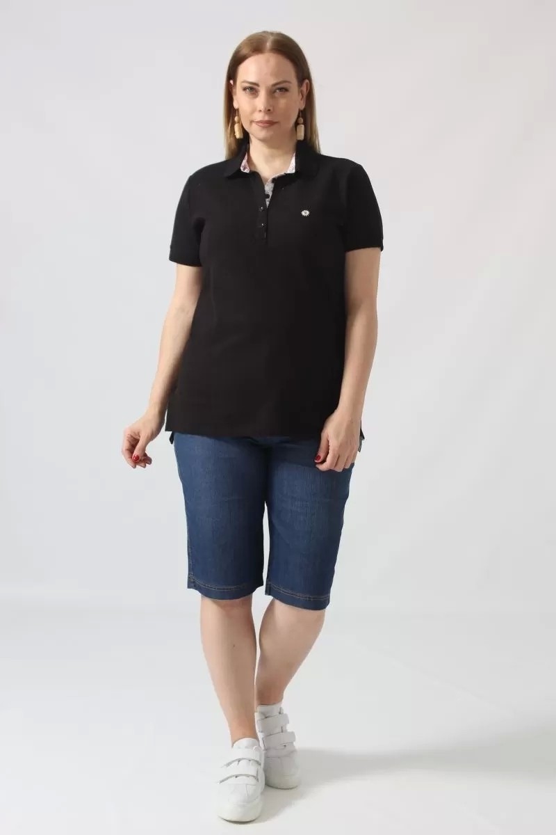 Moda Berray 21305 Kısa Kollu Büyük Beden Lakost Kumas T-Shirt Siyah görsel 4