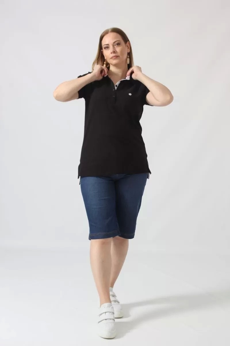 Moda Berray 21305 Kısa Kollu Büyük Beden Lakost Kumas T-Shirt Siyah görsel 5