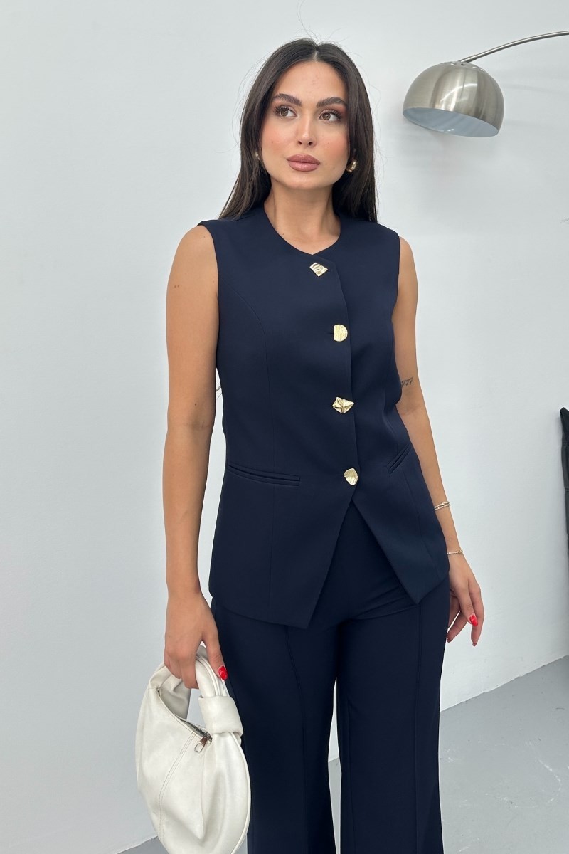 Msm Fashion Kadın Ikili Alt Üst Takım Şık Düğme Detaylı Bisiklet Yaka Regular Yelek Pantolon Takım görsel 5