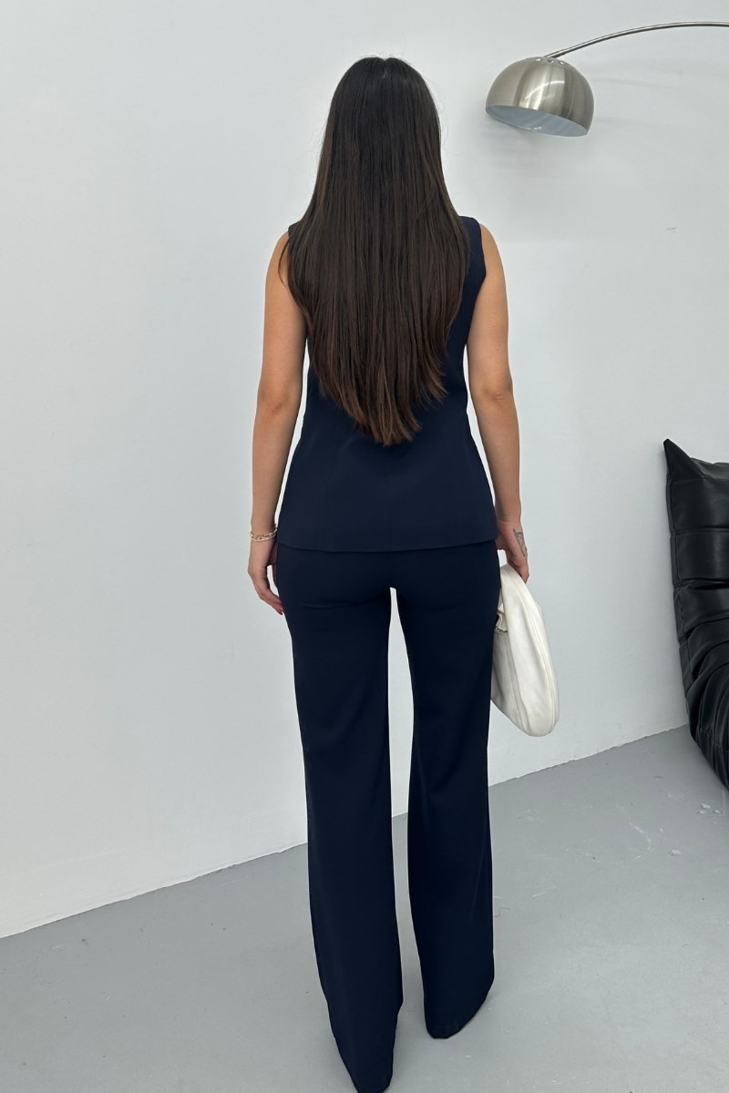 Msm Fashion Kadın Ikili Alt Üst Takım Şık Düğme Detaylı Bisiklet Yaka Regular Yelek Pantolon Takım görsel 7