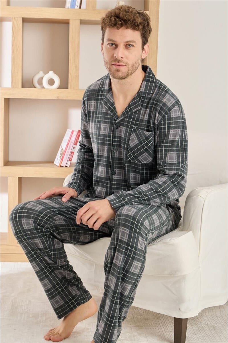 Pijama Evi Lacivert Beyaz Ekose Desenli önden Düğmeli Elegant Erkek pijama takımı