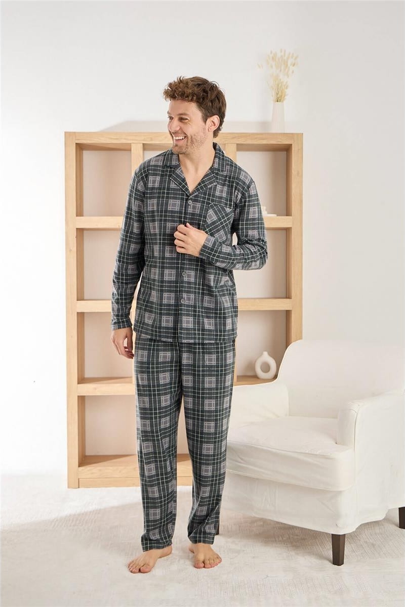 Pijama Evi Lacivert Beyaz Ekose Desenli önden Düğmeli Elegant Erkek pijama takımı görsel 2