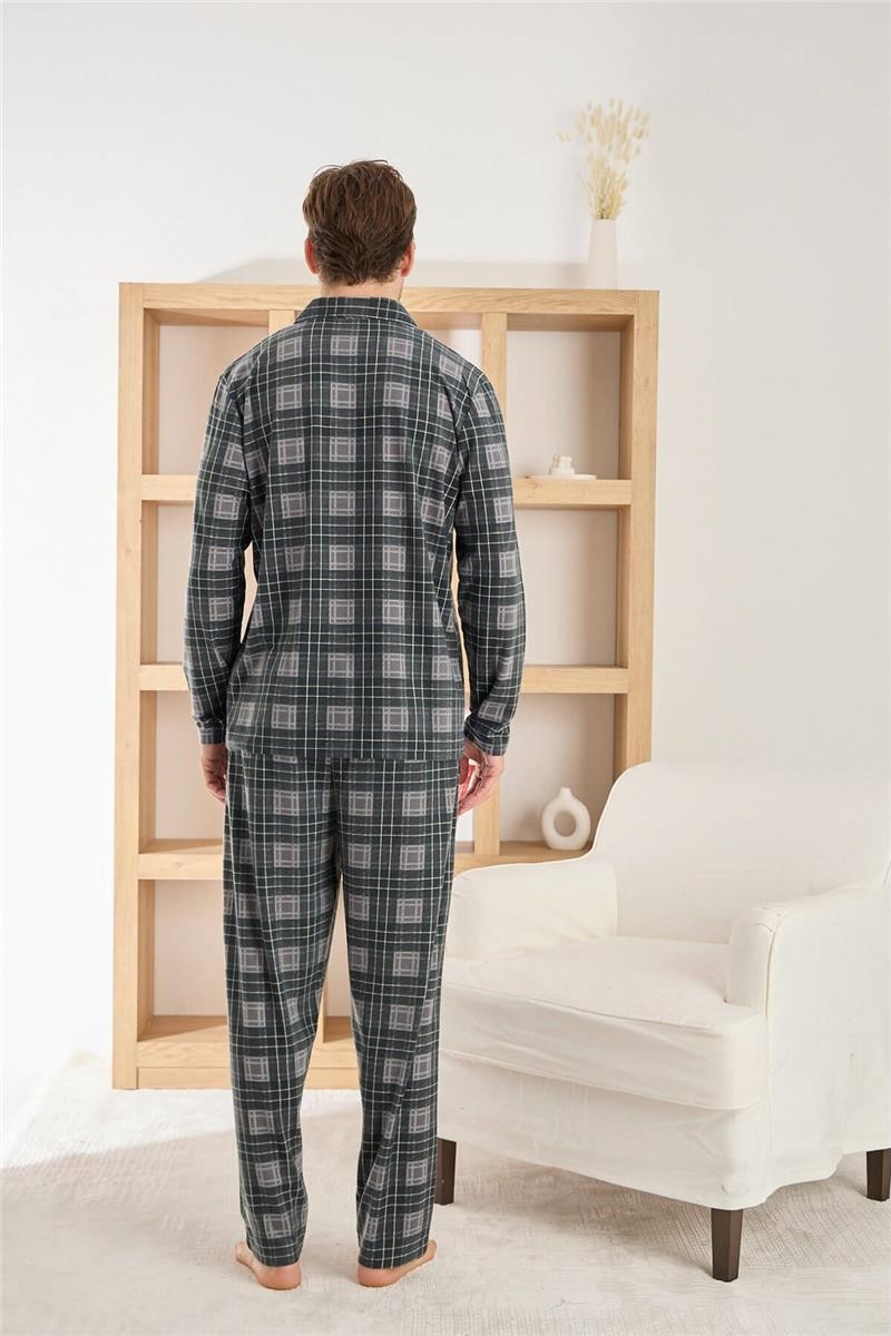 Pijama Evi Lacivert Beyaz Ekose Desenli önden Düğmeli Elegant Erkek pijama takımı görsel 3