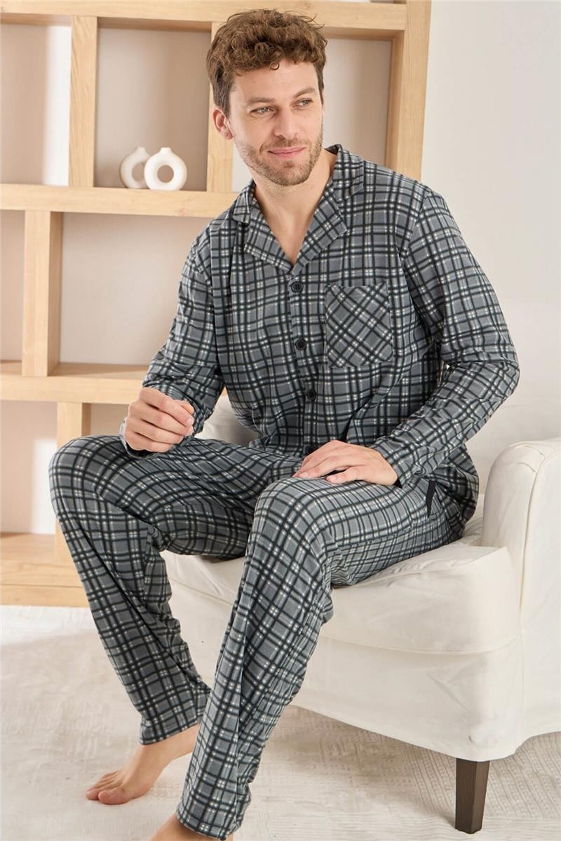 Pijama Evi Lacivert Beyaz Ekose Desenli önden Düğmeli Elegant Erkek pijama takımı