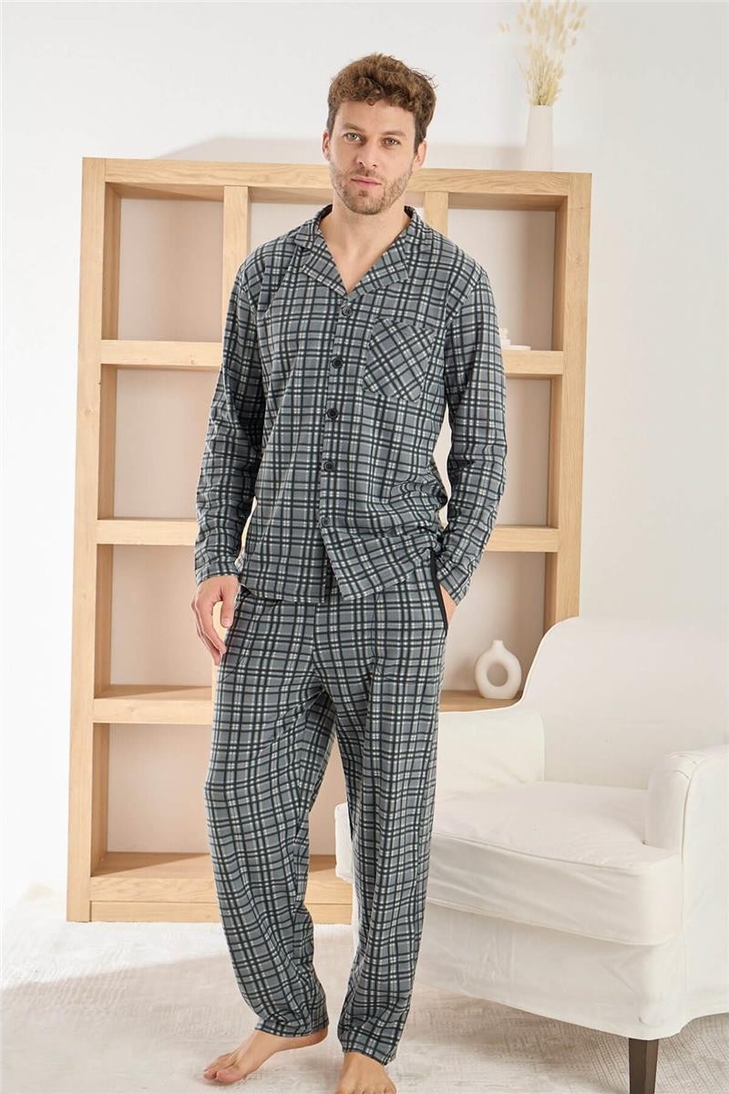 Pijama Evi Lacivert Beyaz Ekose Desenli önden Düğmeli Elegant Erkek pijama takımı görsel 8