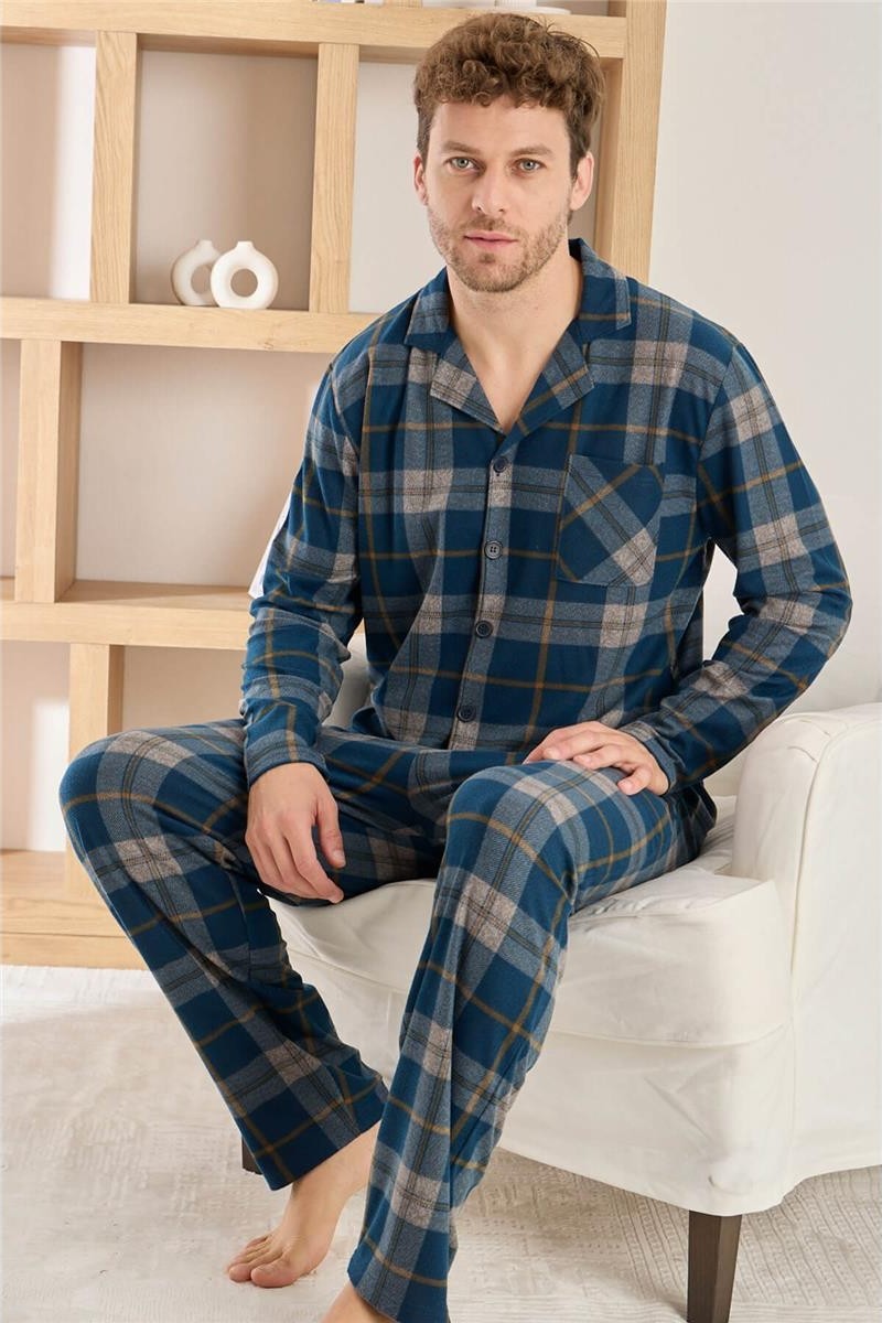 Pijama Evi Lacivert Beyaz Ekose Desenli önden Düğmeli Elegant Erkek pijama takımı görsel 4