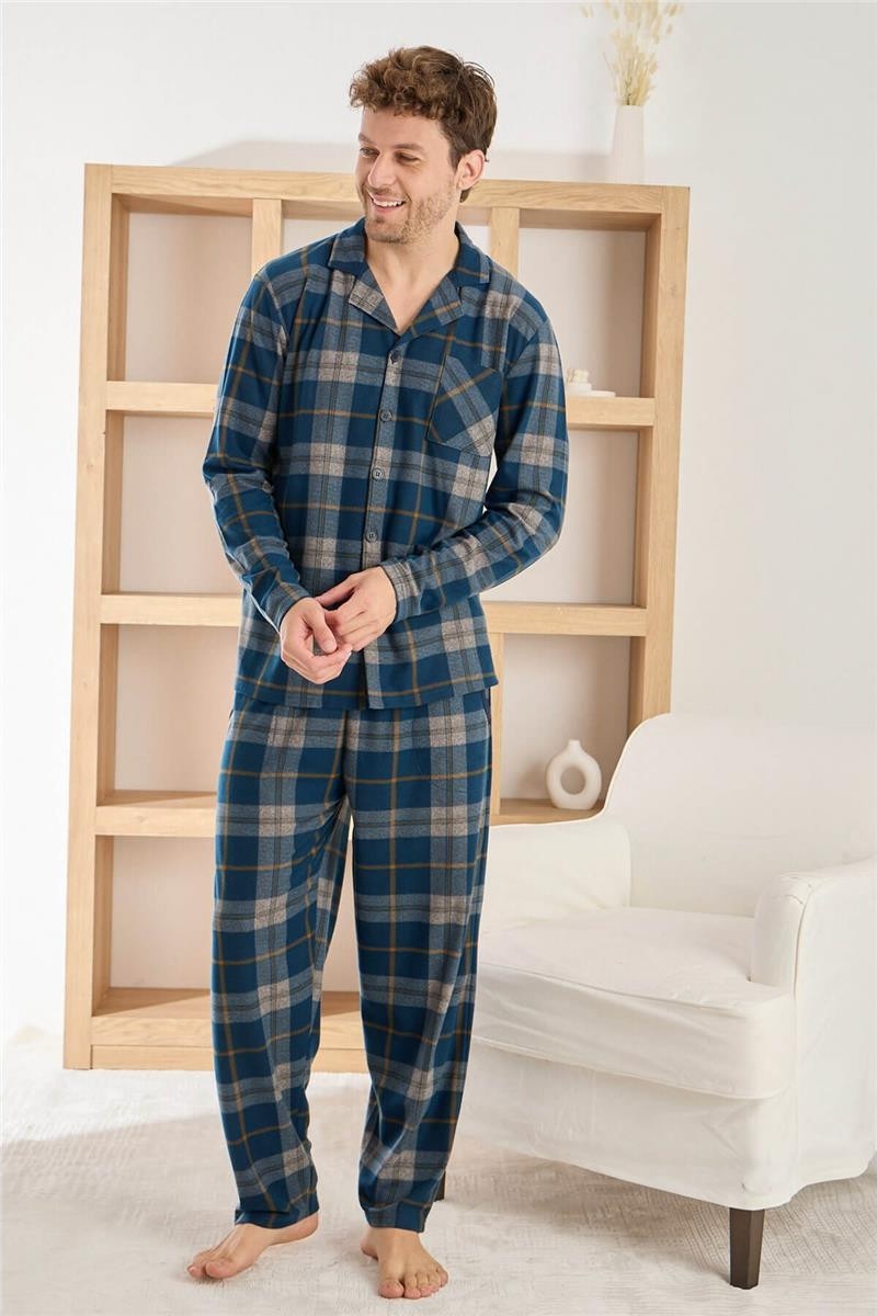 Pijama Evi Lacivert Beyaz Ekose Desenli önden Düğmeli Elegant Erkek pijama takımı görsel 5