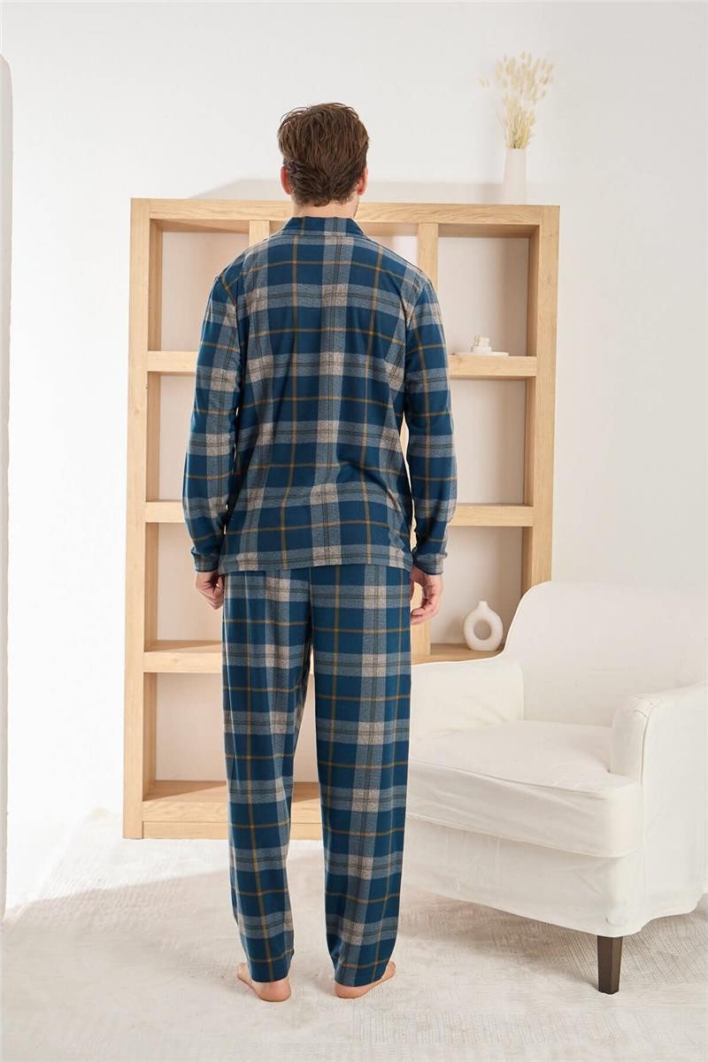 Pijama Evi Lacivert Beyaz Ekose Desenli önden Düğmeli Elegant Erkek pijama takımı görsel 6