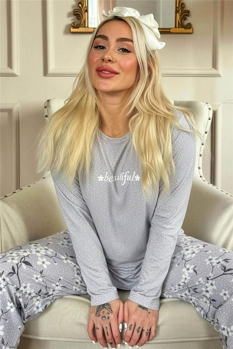 Pijama Evi Yeşil Life Is Good Desenli Uzun Kollu Bambu Örme Kadın Pijama Takımı