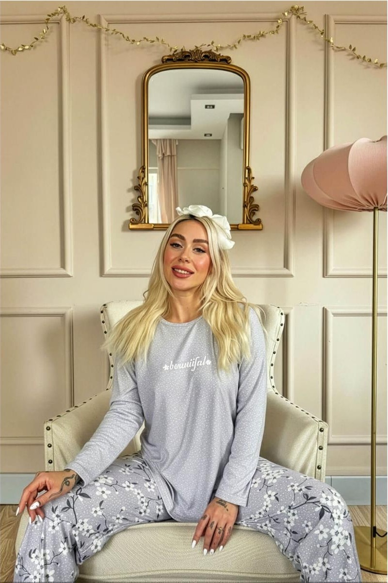 Pijama Evi Yeşil Life Is Good Desenli Uzun Kollu Bambu Örme Kadın Pijama Takımı görsel 2