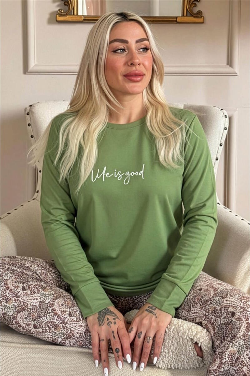 Pijama Evi Yeşil Life Is Good Desenli Uzun Kollu Bambu Örme Kadın Pijama Takımı