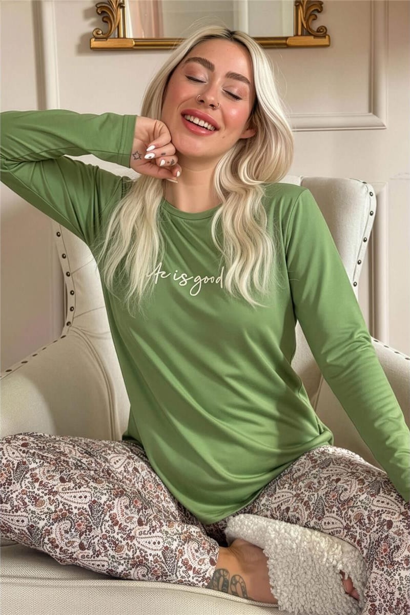 Pijama Evi Yeşil Life Is Good Desenli Uzun Kollu Bambu Örme Kadın Pijama Takımı görsel 7