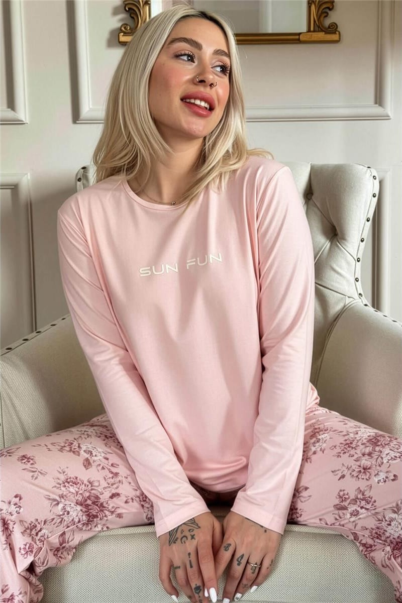Pijama Evi Yeşil Life Is Good Desenli Uzun Kollu Bambu Örme Kadın Pijama Takımı