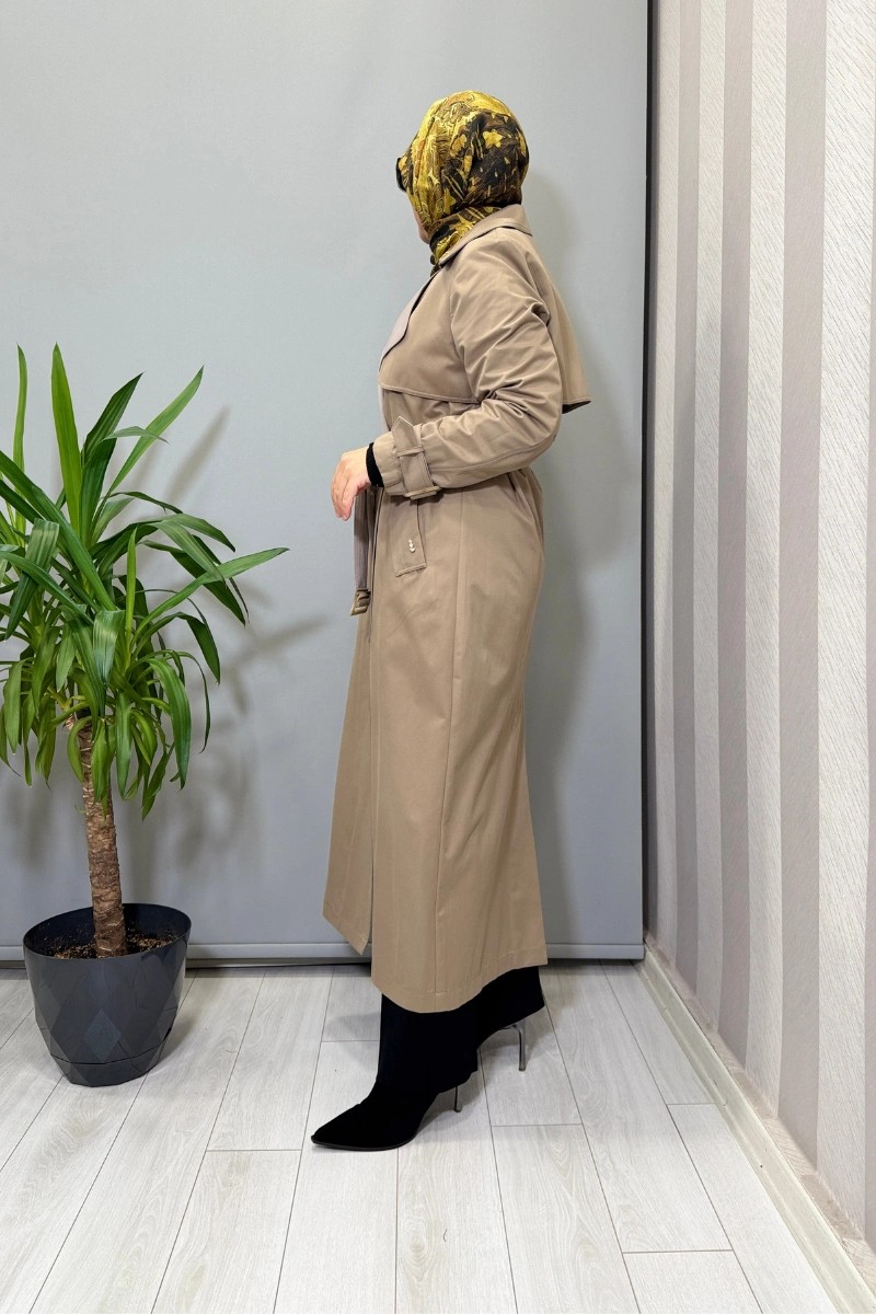Miss Dalida Triko Detaylı Kumaş Trençkot Mink T25PF-8011 görsel 2