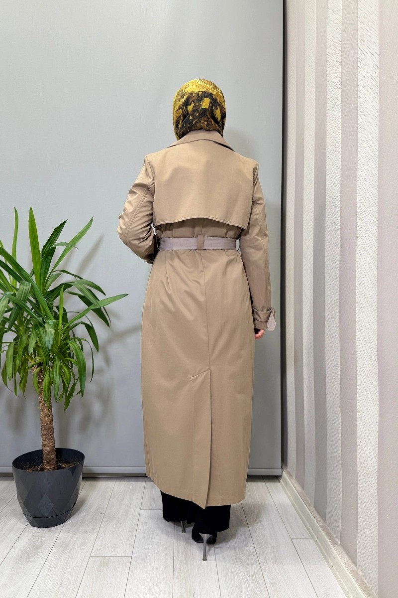 Miss Dalida Triko Detaylı Kumaş Trençkot Mink T25PF-8011 görsel 3