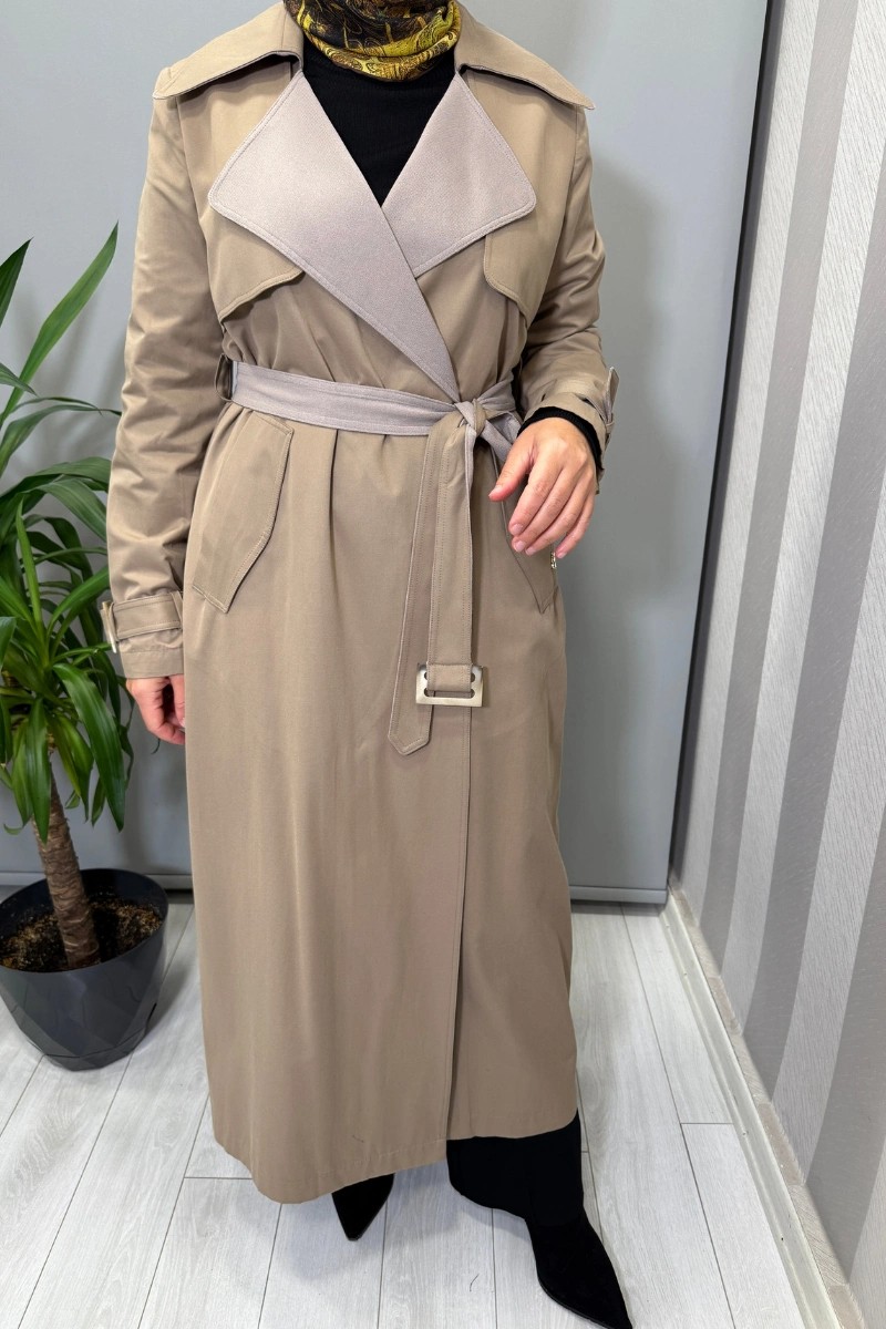 Miss Dalida Triko Detaylı Kumaş Trençkot Mink T25PF-8011 görsel 4