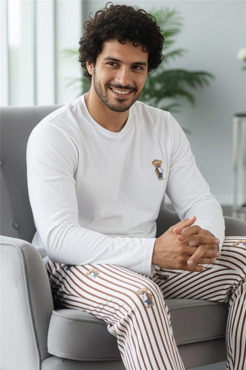 Pijama Evi Beyaz Bear Desenli Stylish Erkek Uzun Kol Pijama Takımı