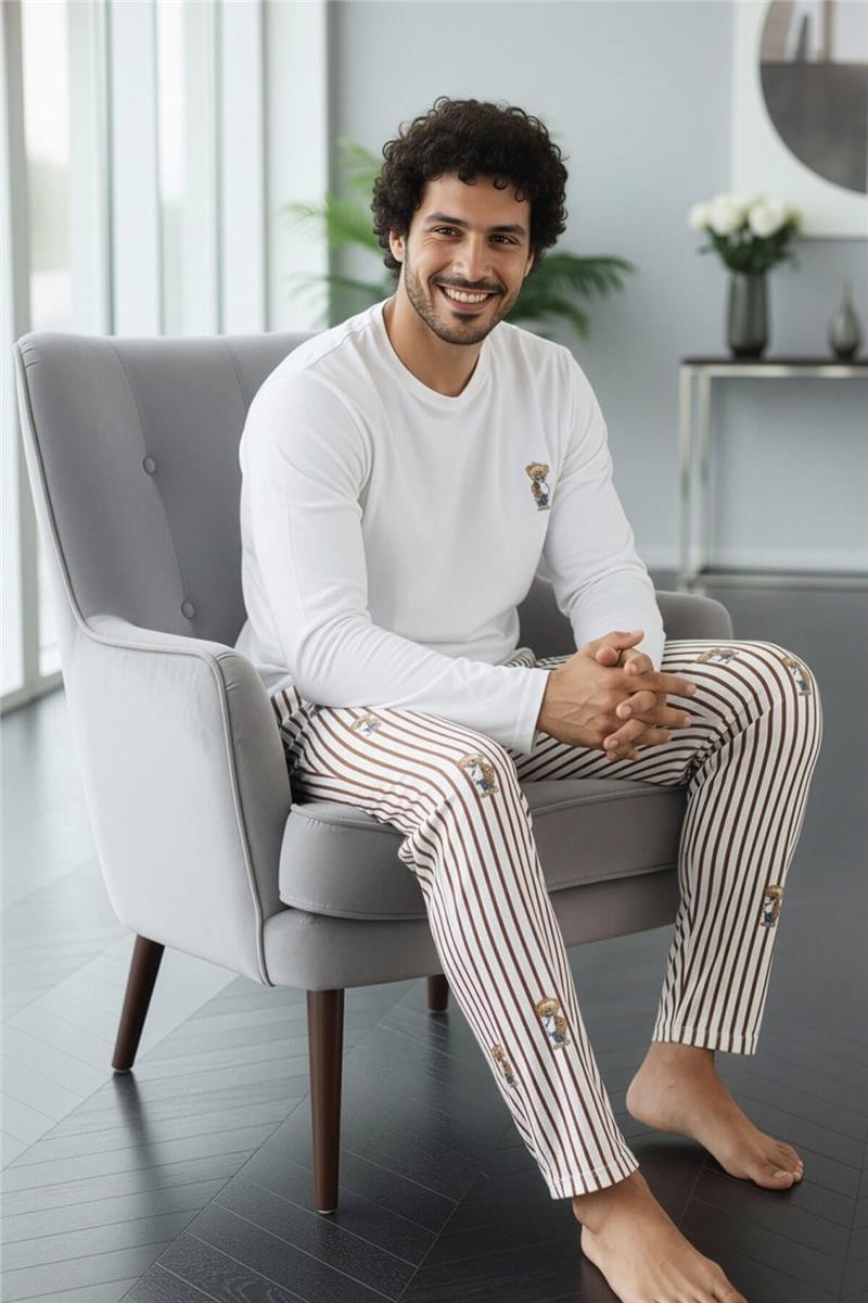 Pijama Evi Beyaz Bear Desenli Stylish Erkek Uzun Kol Pijama Takımı görsel 3