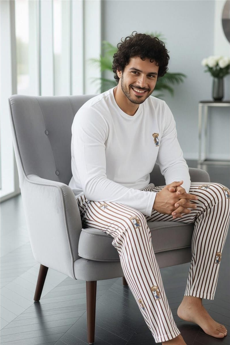 Pijama Evi Beyaz Bear Desenli Stylish Erkek Uzun Kol Pijama Takımı görsel 4