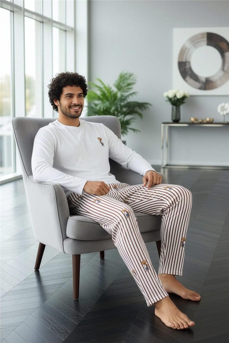 Pijama Evi Beyaz Bear Desenli Stylish Erkek Uzun Kol Pijama Takımı görsel 5