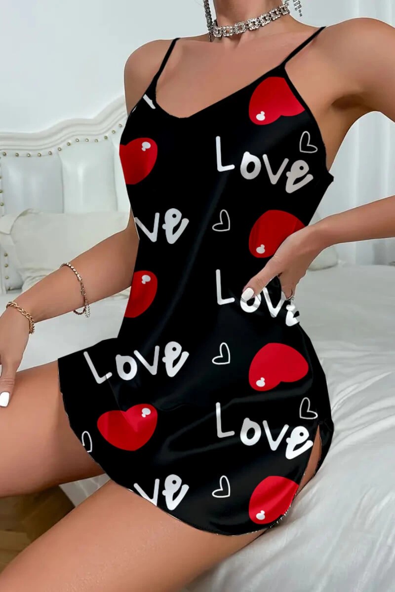 Leyna Love Desenli Siyah Saten Gecelik görsel 3
