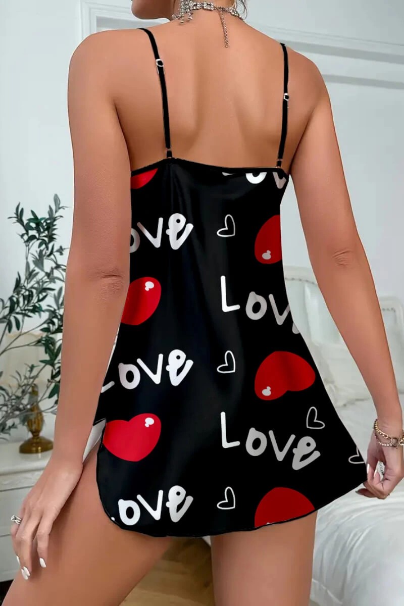 Leyna Love Desenli Siyah Saten Gecelik görsel 5