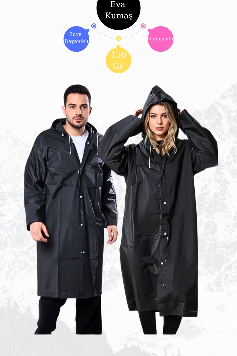 Bonjour Gift & Hobby Siyah Unisex Eva Kumaş Su Rüzgar Geçirmez Yetişkin Yağmurluk