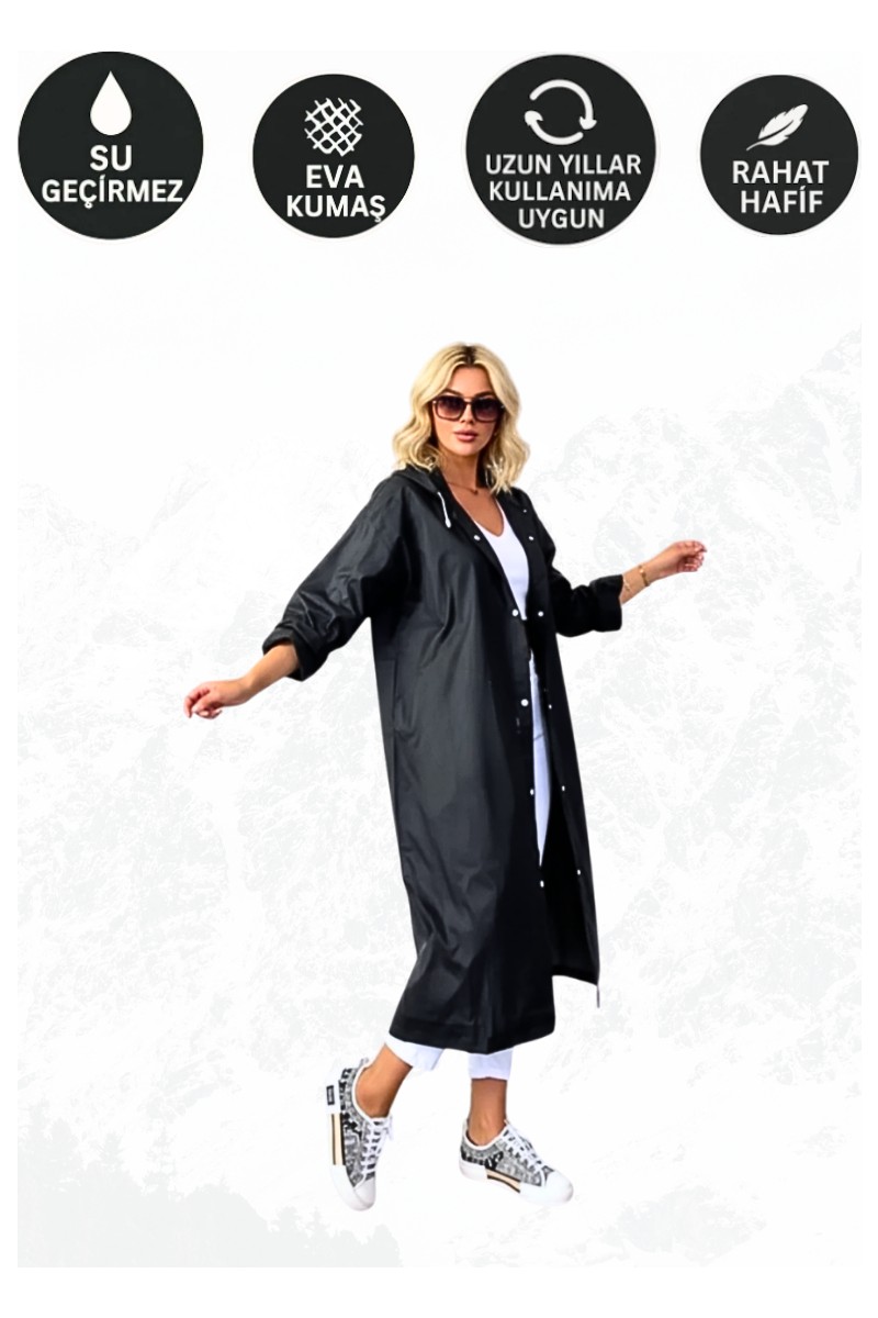 Bonjour Gift & Hobby Siyah Unisex Eva Kumaş Su Rüzgar Geçirmez Yetişkin Yağmurluk görsel 7