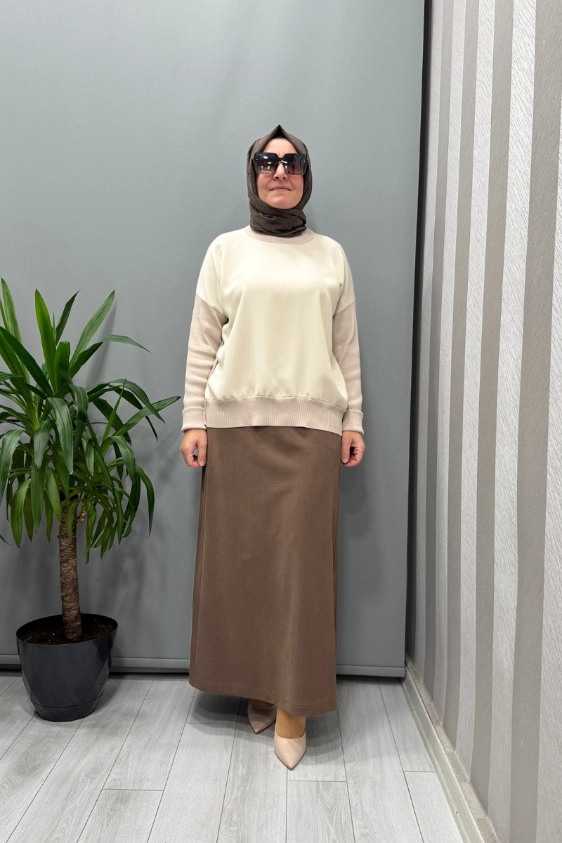 Sentez Yanı Nervürlü Etek Kahve 5461 görsel 2