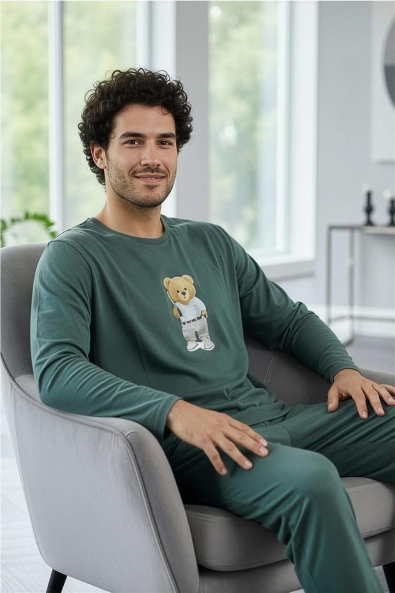 Pijama Evi Beyaz Bear Desenli Stylish Erkek Uzun Kol Pijama Takımı görsel 8