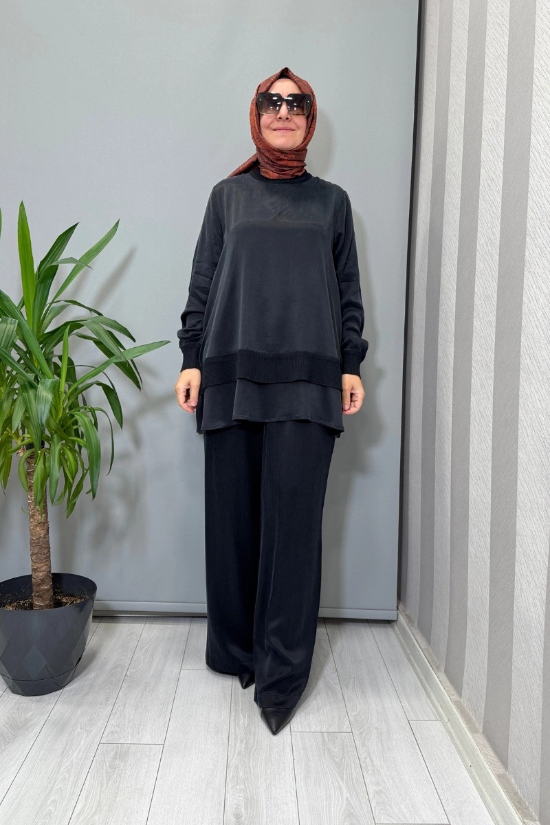 Miss Dalida Triko Detaylı Cupro Ipek Pantolon Siyah T26K-7002 görsel 2