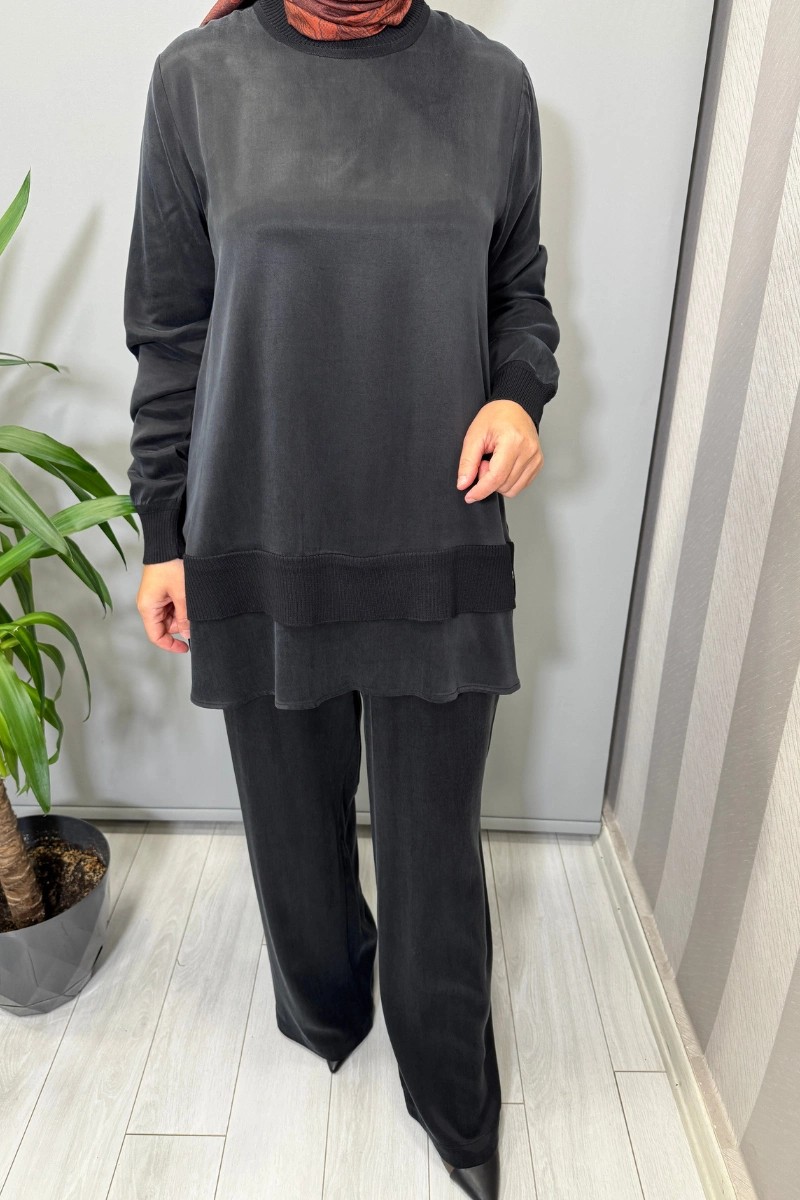 Miss Dalida Triko Detaylı Cupro Ipek Pantolon Siyah T26K-7002 görsel 5