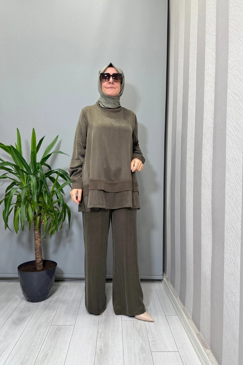Miss Dalida Triko Detaylı Cupro Ipek Pantolon Haki T26K-7002 görsel 2