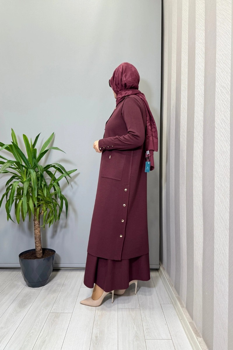 Miss Dalida Yuvarlak Yaka Çıtçıtlı Triko Yelek Bordo T26K-1002 görsel 2