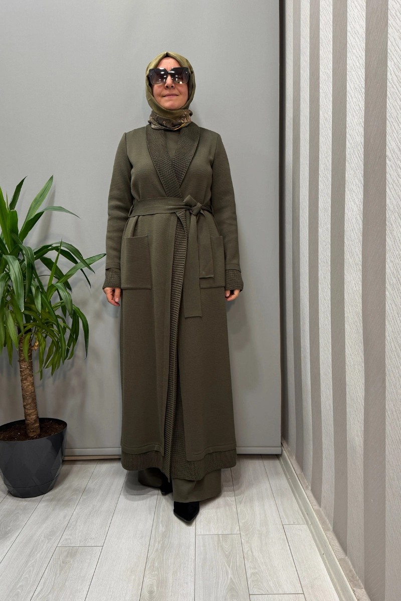 Miss Dalida Selanik Örgü Detaylı Düz Renk Hırka Haki T26K-9006
