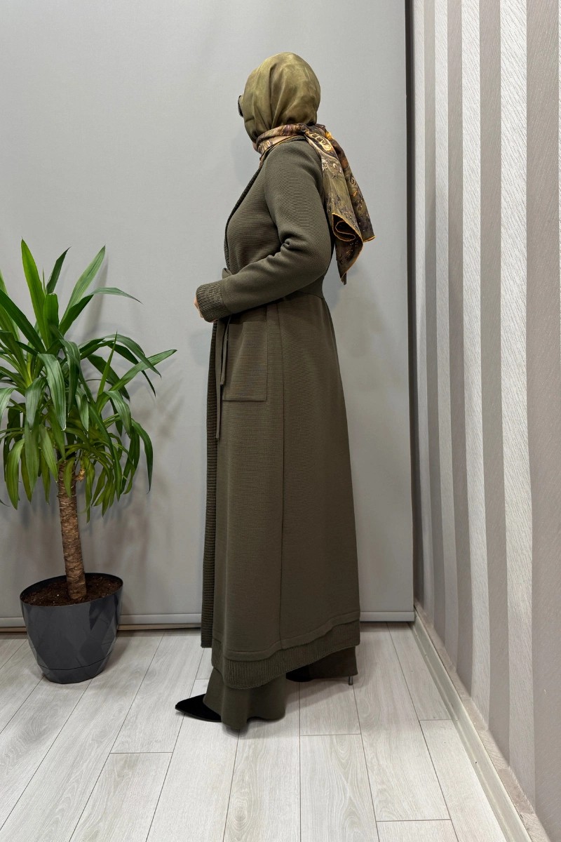 Miss Dalida Selanik Örgü Detaylı Düz Renk Hırka Haki T26K-9006 görsel 2
