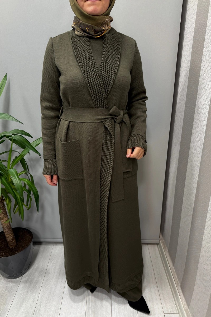 Miss Dalida Selanik Örgü Detaylı Düz Renk Hırka Haki T26K-9006 görsel 3
