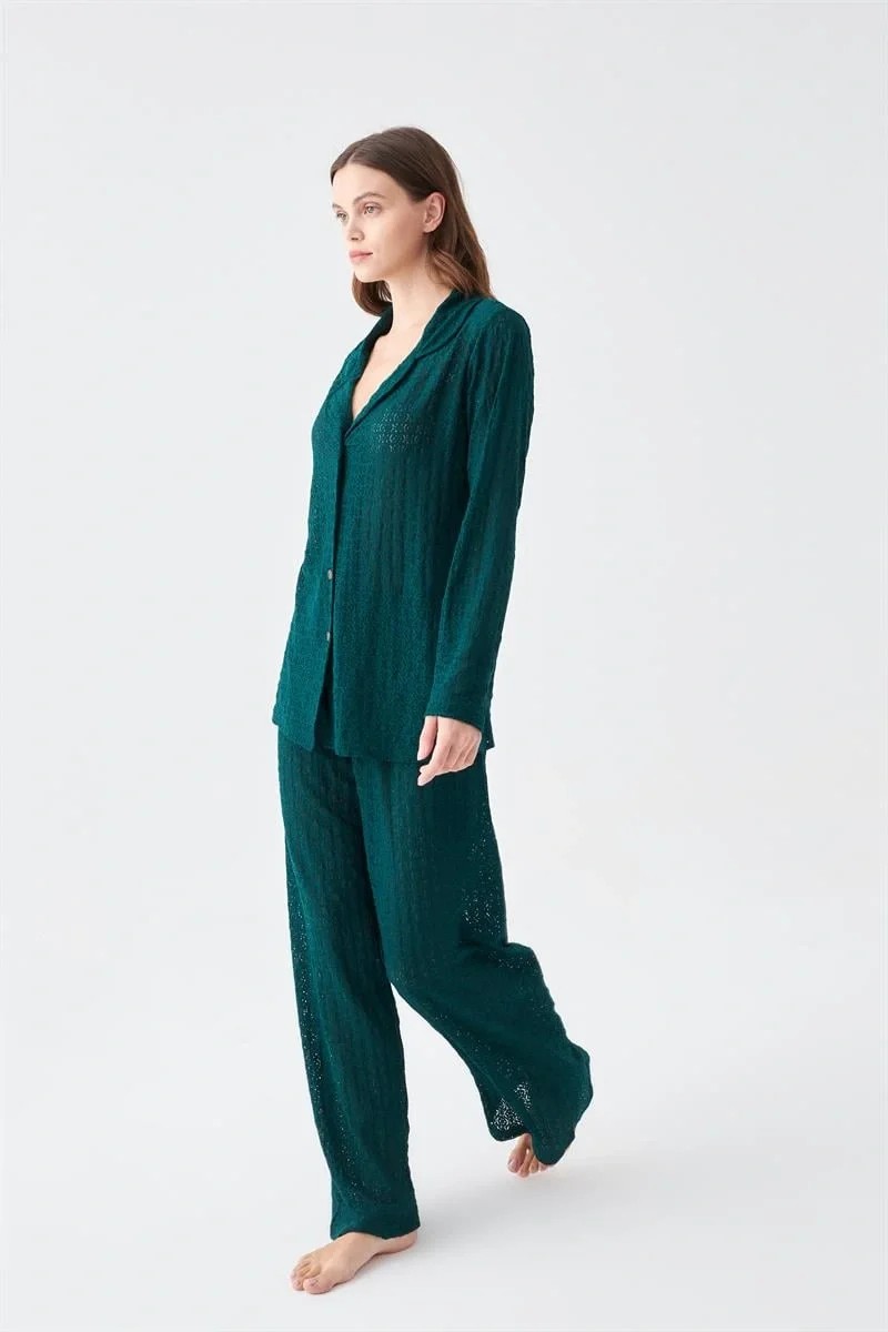 Beruflic Moda Kadın Zümrüt Yeşili Önden Düğmeli Rahat Kesim Pijama Takımı Beruflic görsel 2