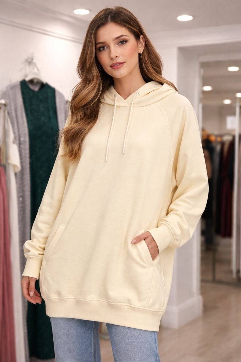 BezeXL Büyük Beden Kapüşonlu Sweatşhirt Ekru