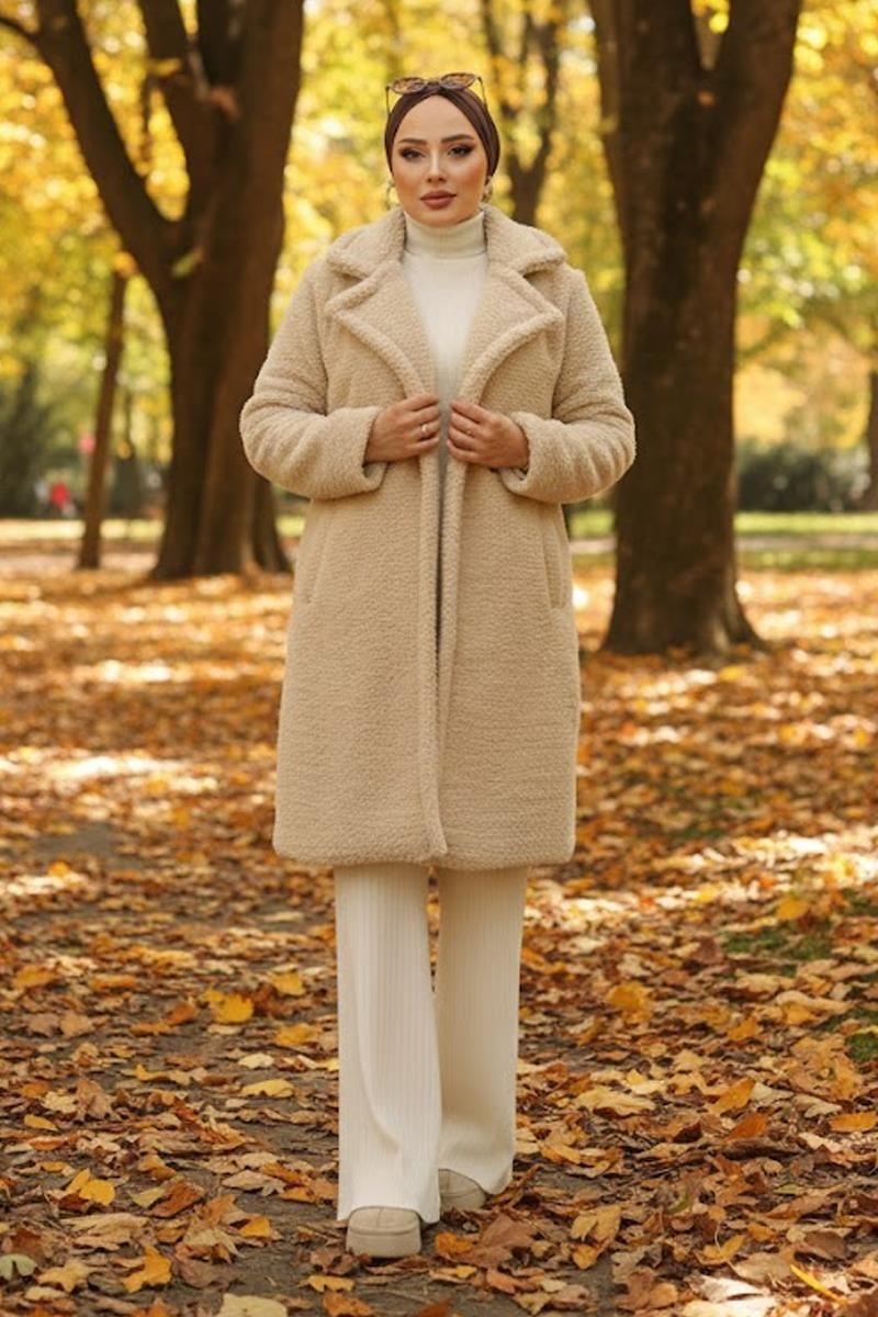 Iki Düğmeli Peluş Mont Bej HM262506 görsel 5