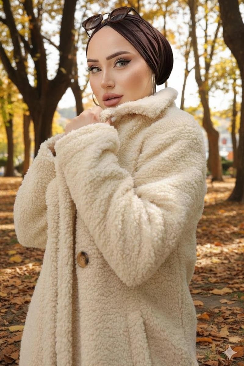 Iki Düğmeli Peluş Mont Bej HM262506 görsel 6