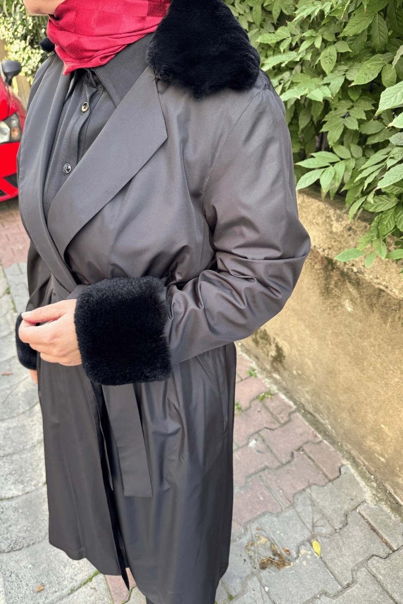 Miss Dalida Kürklü Triko Astarlı Trençkot Siyah T25K-8005 görsel 2