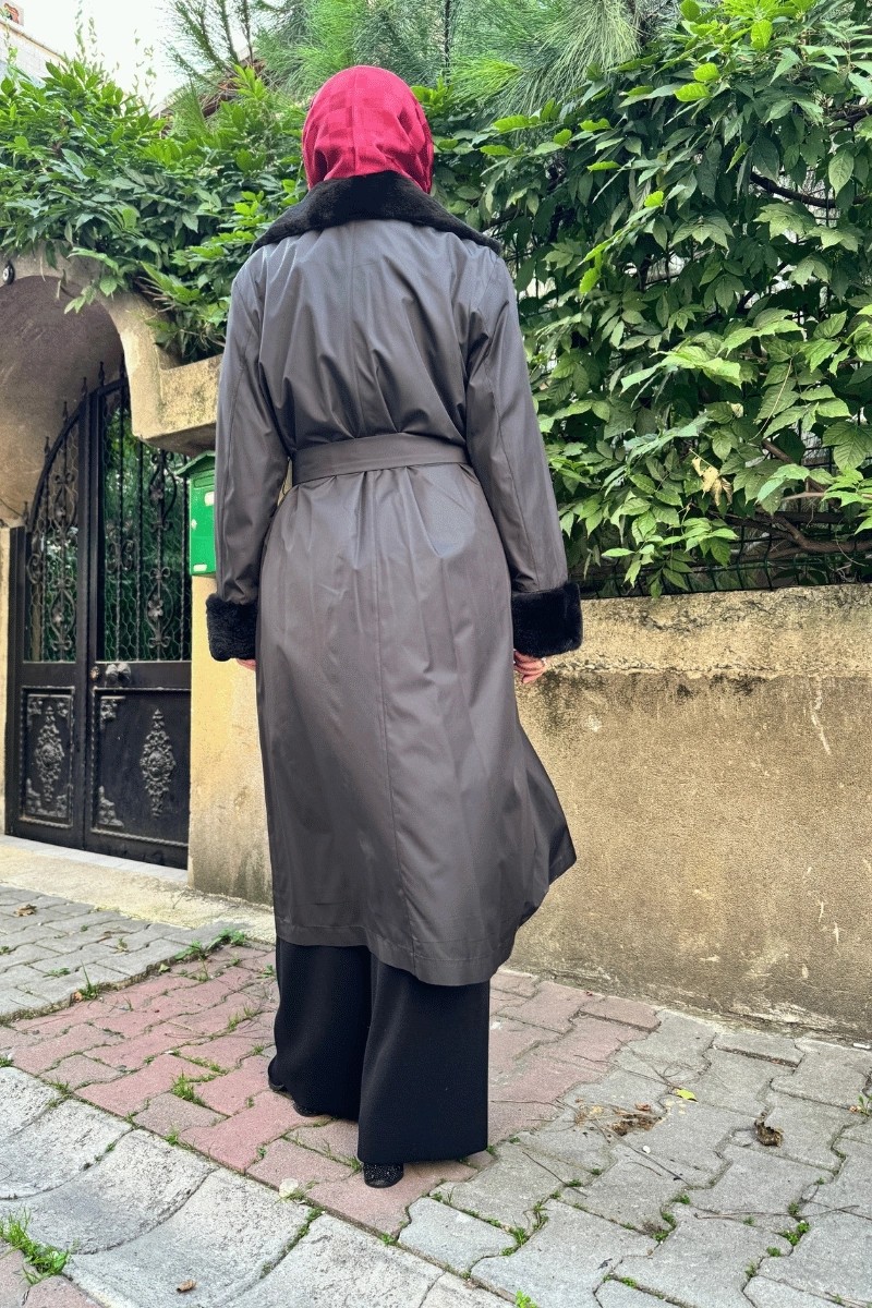 Miss Dalida Kürklü Triko Astarlı Trençkot Siyah T25K-8005 görsel 3