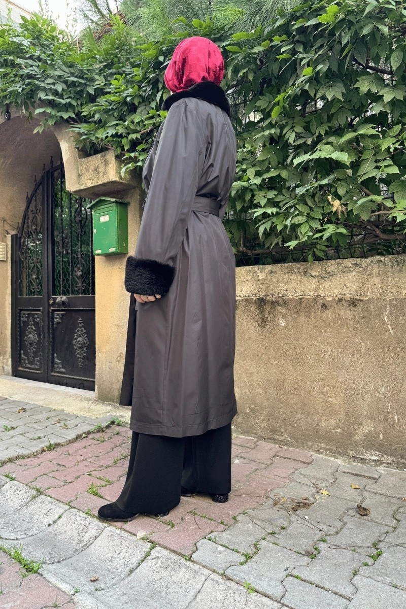 Miss Dalida Kürklü Triko Astarlı Trençkot Siyah T25K-8005 görsel 4