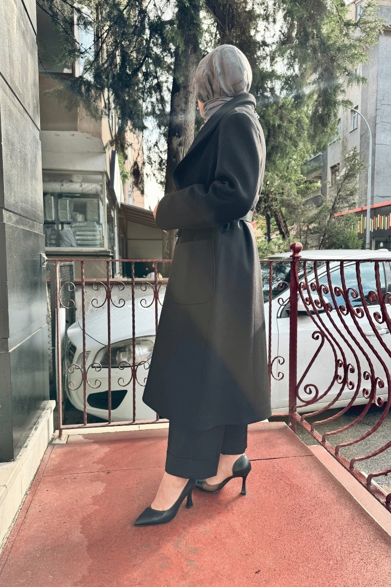 Misswhence Fermuar Detaylı Kemerli Kaşe Kap Siyah 36411 görsel 2