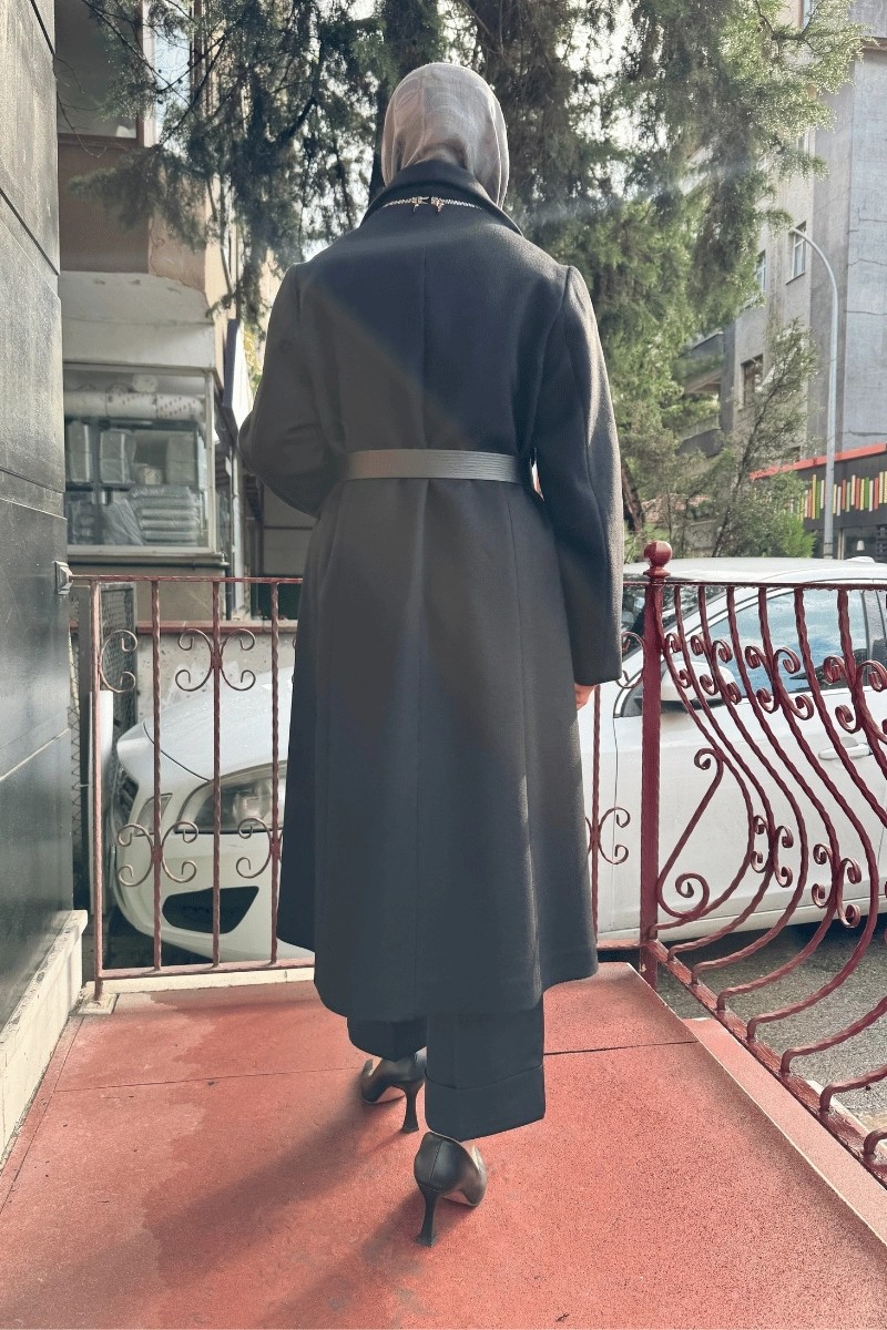 Misswhence Fermuar Detaylı Kemerli Kaşe Kap Siyah 36411 görsel 4