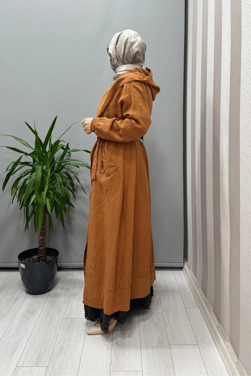 Misswhence Kapüşonlu Keten Kap Tarçın 37401 görsel 2