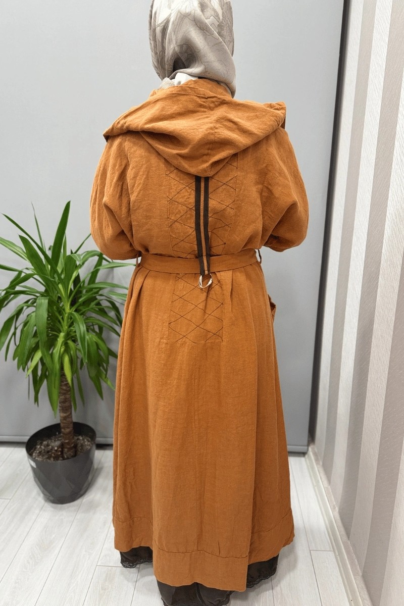 Misswhence Kapüşonlu Keten Kap Tarçın 37401 görsel 4